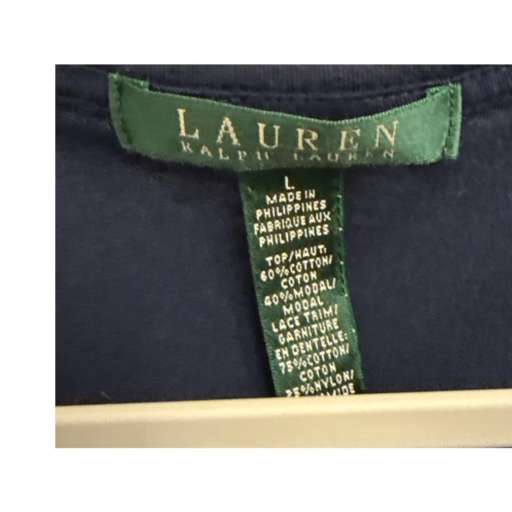 Lauren Ralph Lauren Navy Blue Lacey Eyelet Short Sleeve Shirt Size Women's Large - Image 3