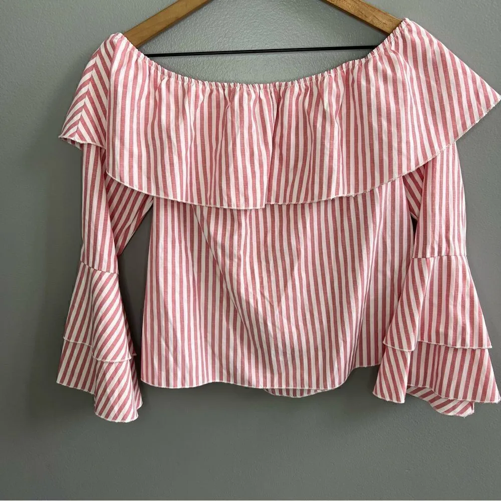 Hyfve Pink Striped Ruffle Off the Shoulder Top Long Bell Sleeve Shirt Size Small - Image 6