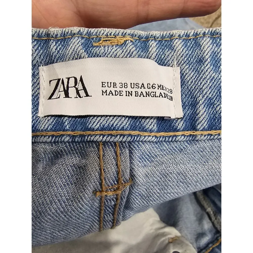 Zara Womens High Waist Denim Short Size 6 Light Denim Distressed - Image 3