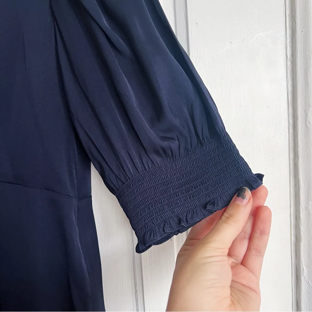 Quince • Washable Stretch Silk Puff Sleeve Mini Dress navy blue v neck - Image 7