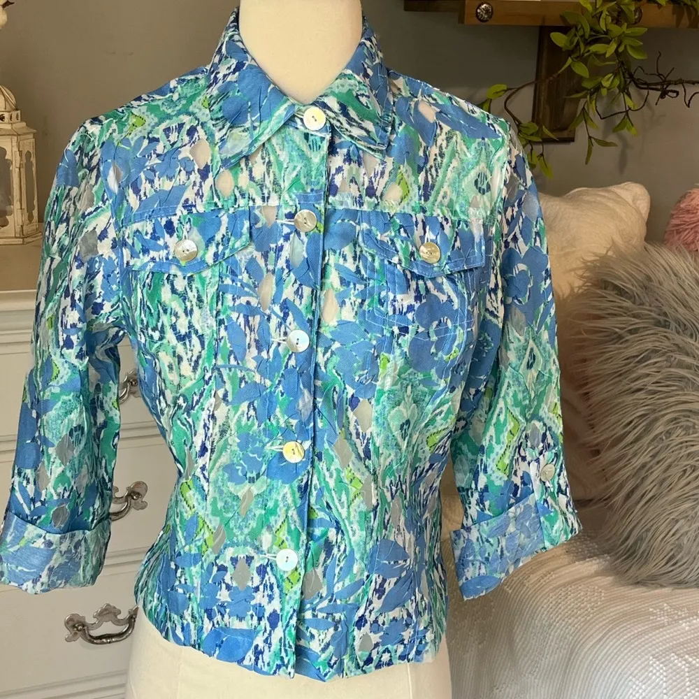 Ruby Rd Blue Floral Button Down Front Blouse Womens 6P Linen Coastal Grandma - Image 3