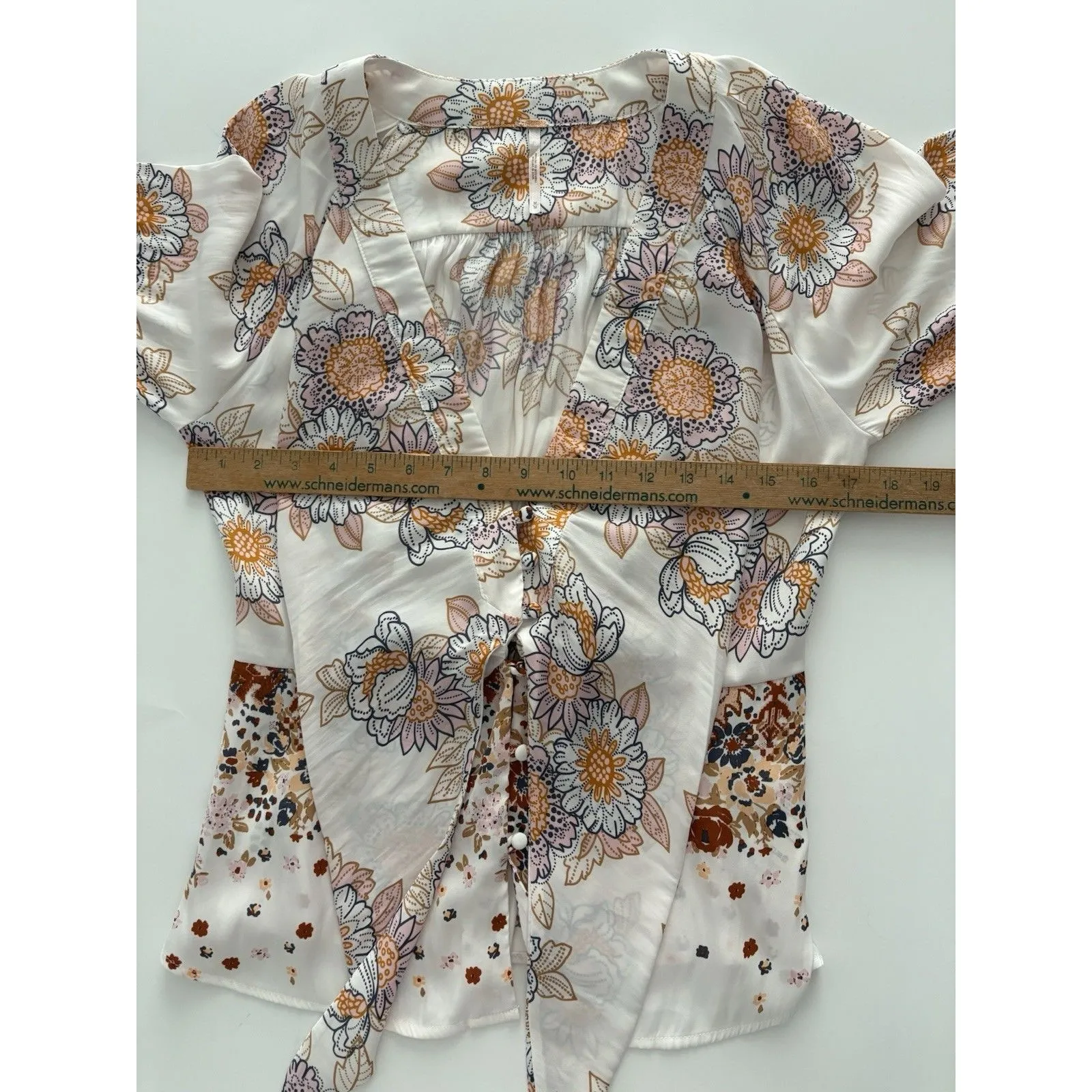 Free People Blouse Womens M White Floral Run Free Balloon Sleeve Tie Front Silky - Image 12