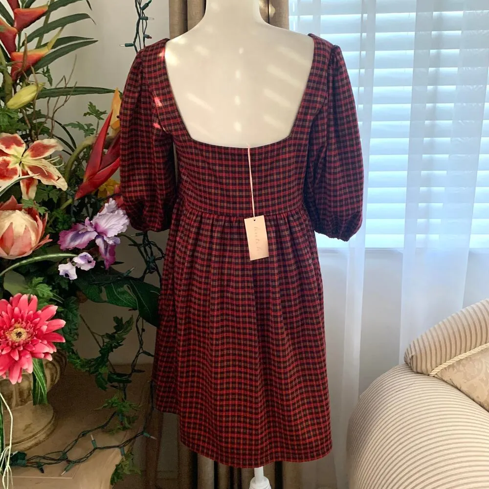 Hutch Square Neck Puff Sleeve Checker Plaid Mini Dress in Red Multi - Image 6