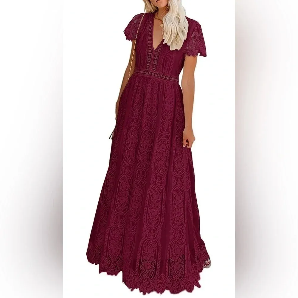 MEROKEETY V Neck Lace Wine ColorWedding Dress Bridesmaid Cocktail Maxi Dress - Image 4