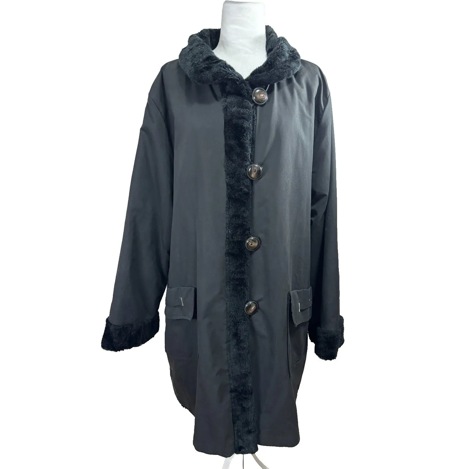 Woman Within Faux Fur Midi Coat Black Reversible Canvas 1X Mob Wife Glam Money - Image 7