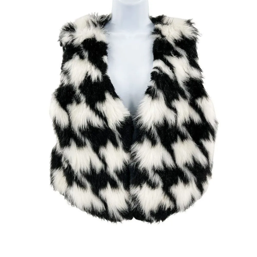 Michael Kors Houndstooth Black White Open Front Faux Fur Vest Large - Image 53