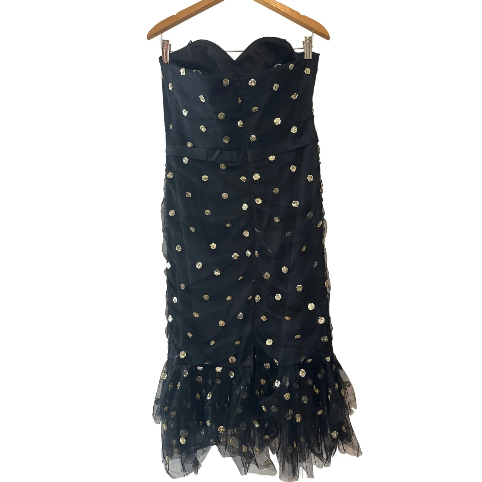 Marchesa Notte NWT Strapless Black Gold Sequin Polka Dot Tulle Midi Dress Sz 8 - Image 4