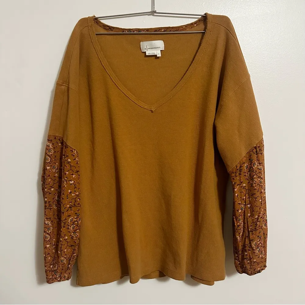 Anthropologie 'Anette' Orange Floral Waffle Knit Long Sleeve Shirt Medium - Image 4