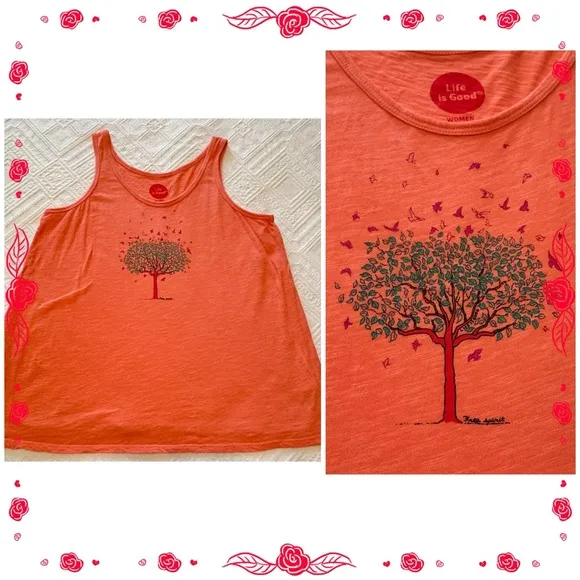 Women’s orange Life is Good tank top - tree - birds. Size Small - Image 2