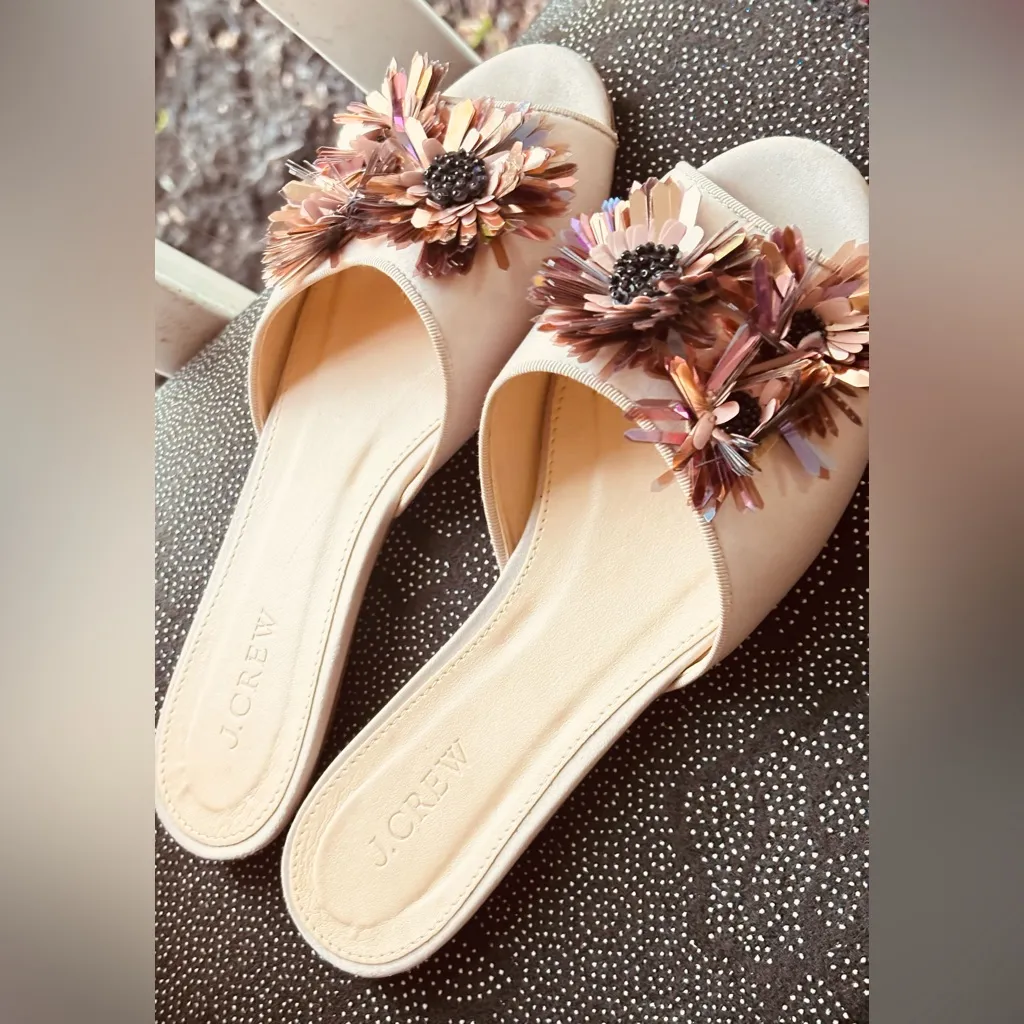 J.Crew Satin Slides with Floral Embellishments in a warm sandstone color - Image 5