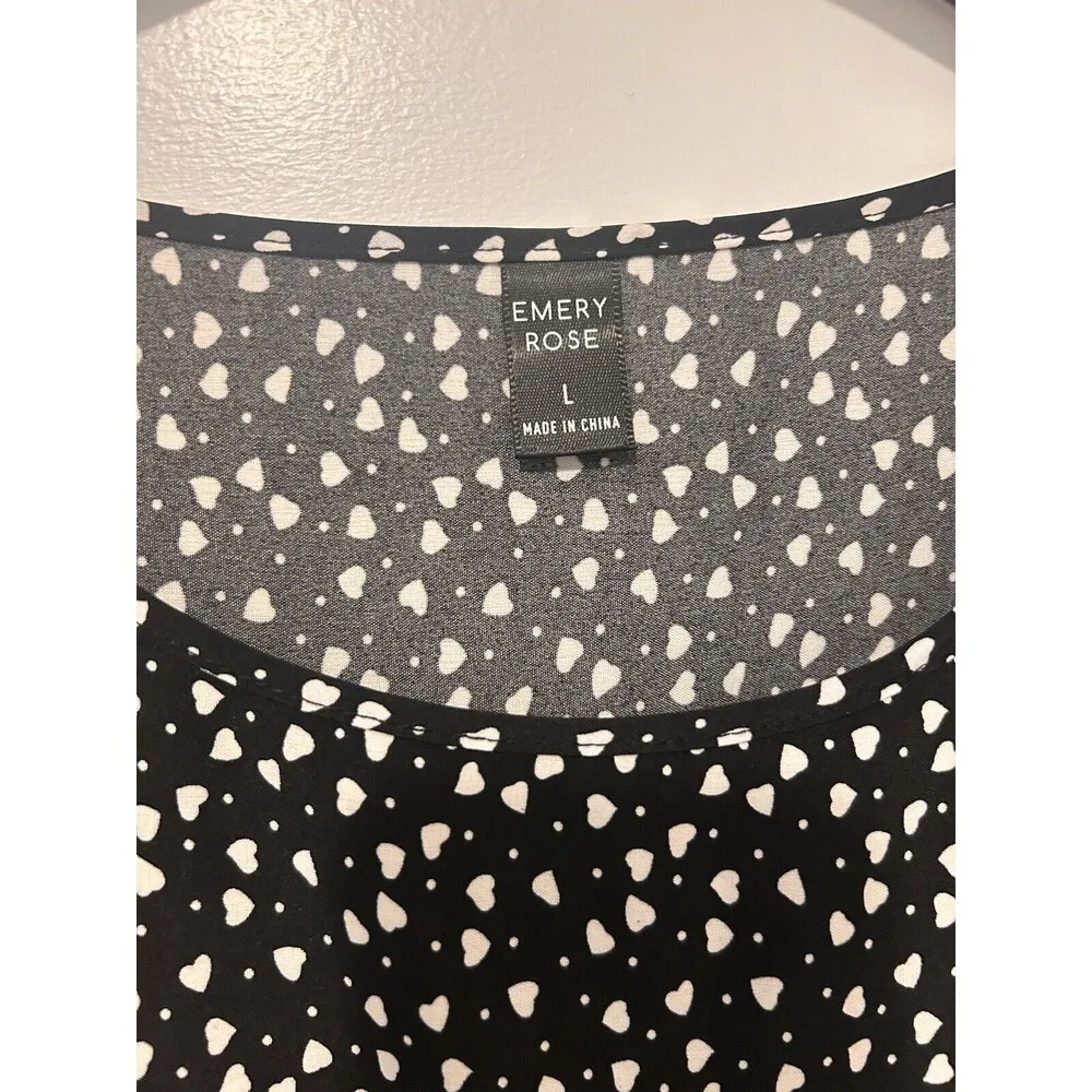 EMERY ROSE Heart & Polka Dot Dress Short Sleeve Ruffle Black White Size Large - Image 2