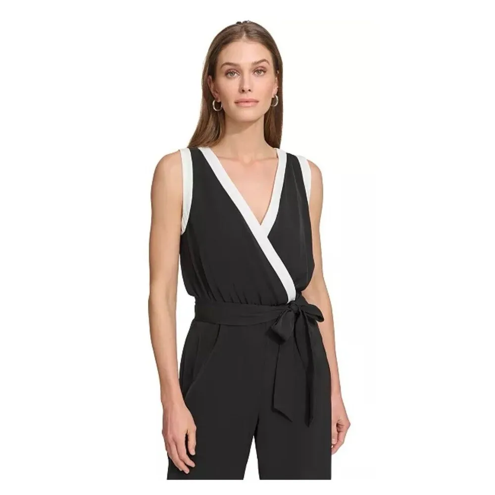 DKNY Women's V-Neck Sleeveless‎ Tie-Waist Jumpsuit Size 14 Belted Cocktail - Image 3