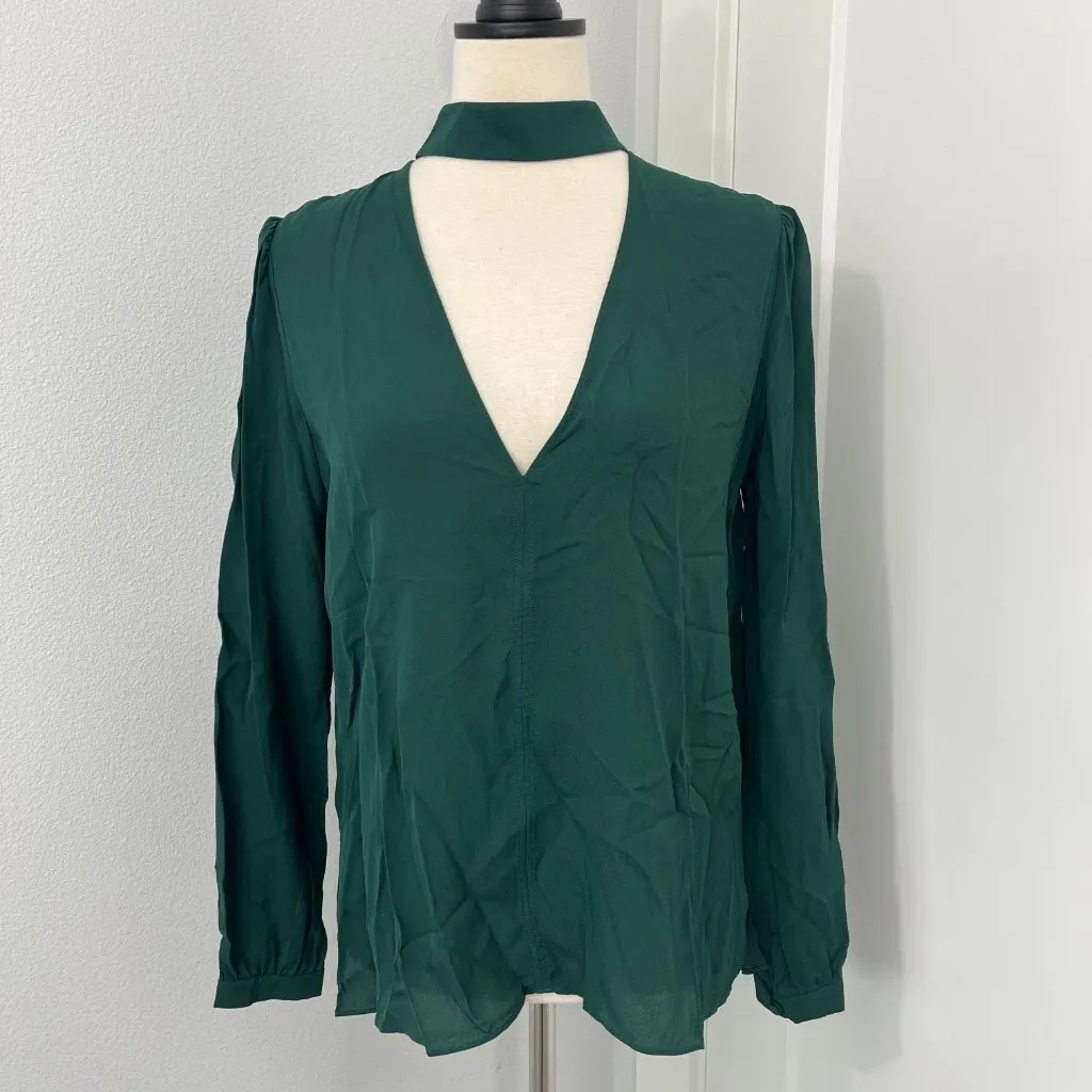 ALC Size 4 Green Liza Silk Choker Deep V-Neck Long Sleeve Blouse - Image 2