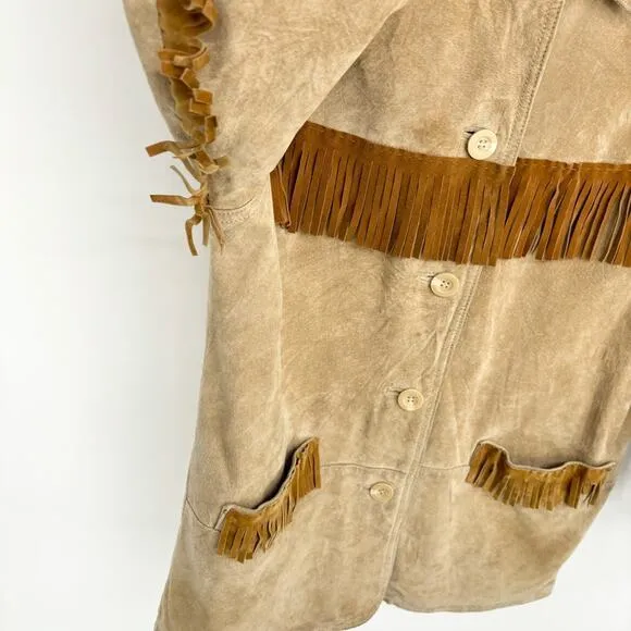 Vintage Western Leather Jacket Velvet Fringe Size‎ Medium Bohemian Giacca Tan - Image 5