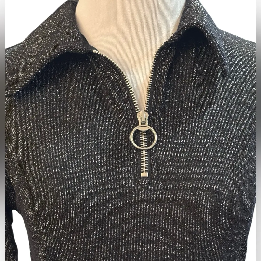 Current Mood Metallic Glitter Half Zip Crop Top Black Size M - Image 6