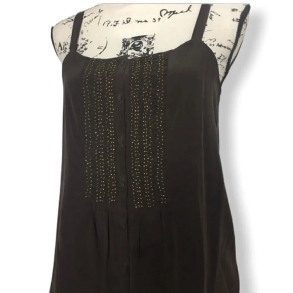 Joie Silk Boho Tank Top Women’s Size Small Brown Beaded Button Front Cami Blouse - Image 3