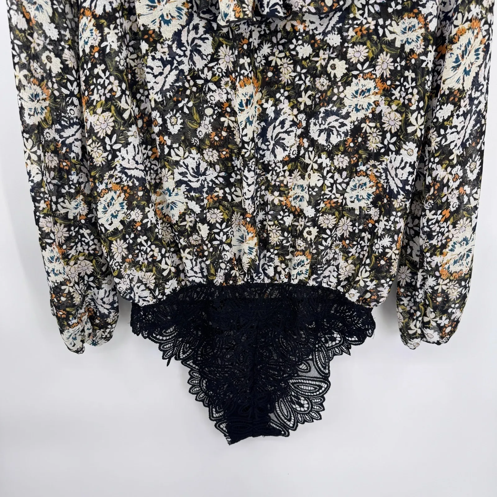 Intimately Free People Bodysuit Medium Black Floral Lace Ruffle Whimsigoth Bells - Image 12