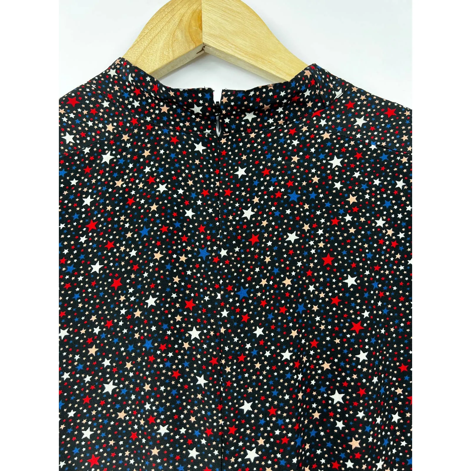 Madewell Women's Dress 2 Silk Balsam Tie Neck Mini Bow Pleated Starry‎ Black - Image 4