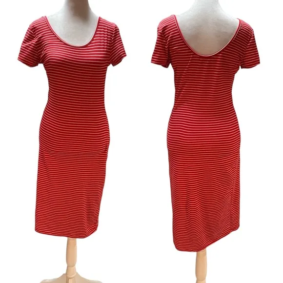 Absolutely Love It! Red with White Stripes Short Sleeve Scoop Neck Midi Dress M Size M - Image 2