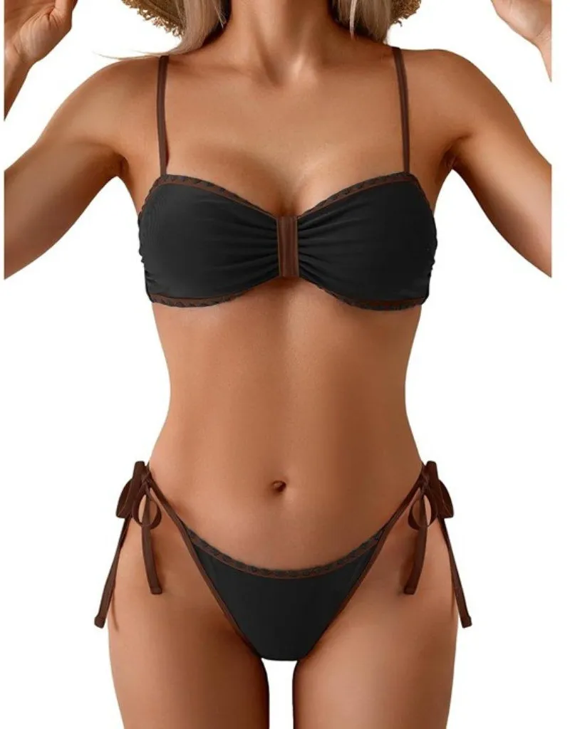 B2prity Bikini String Triangle Two Piece Bathing Suit Side Tie Swimsuit MEDIUM Brown - Image 1