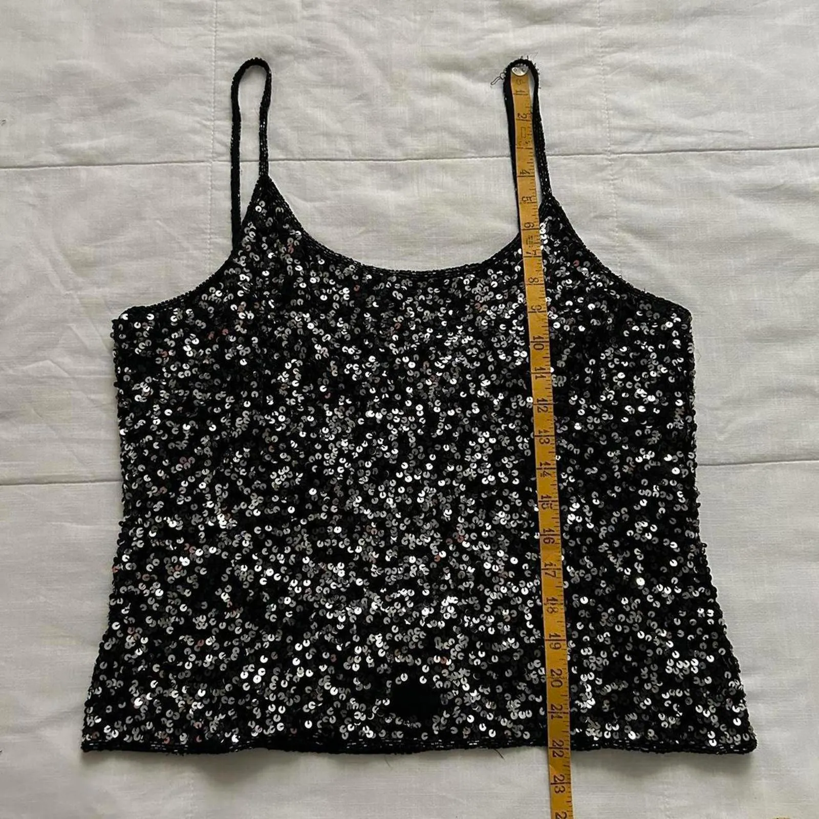 Alfani silk Black sequin tank top with spaghetti straps Size 10 - Image 7