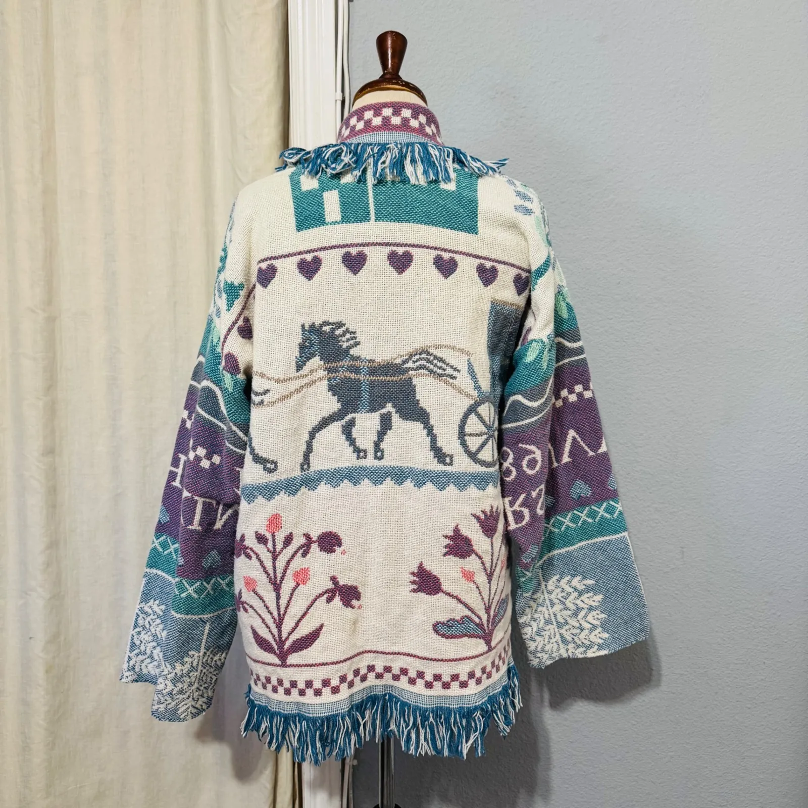 Crown Crafts Woven Tapestry Cardigan Sweater Fringe Floral Horse Carriage Cabin Blue Size undefined - Image 7