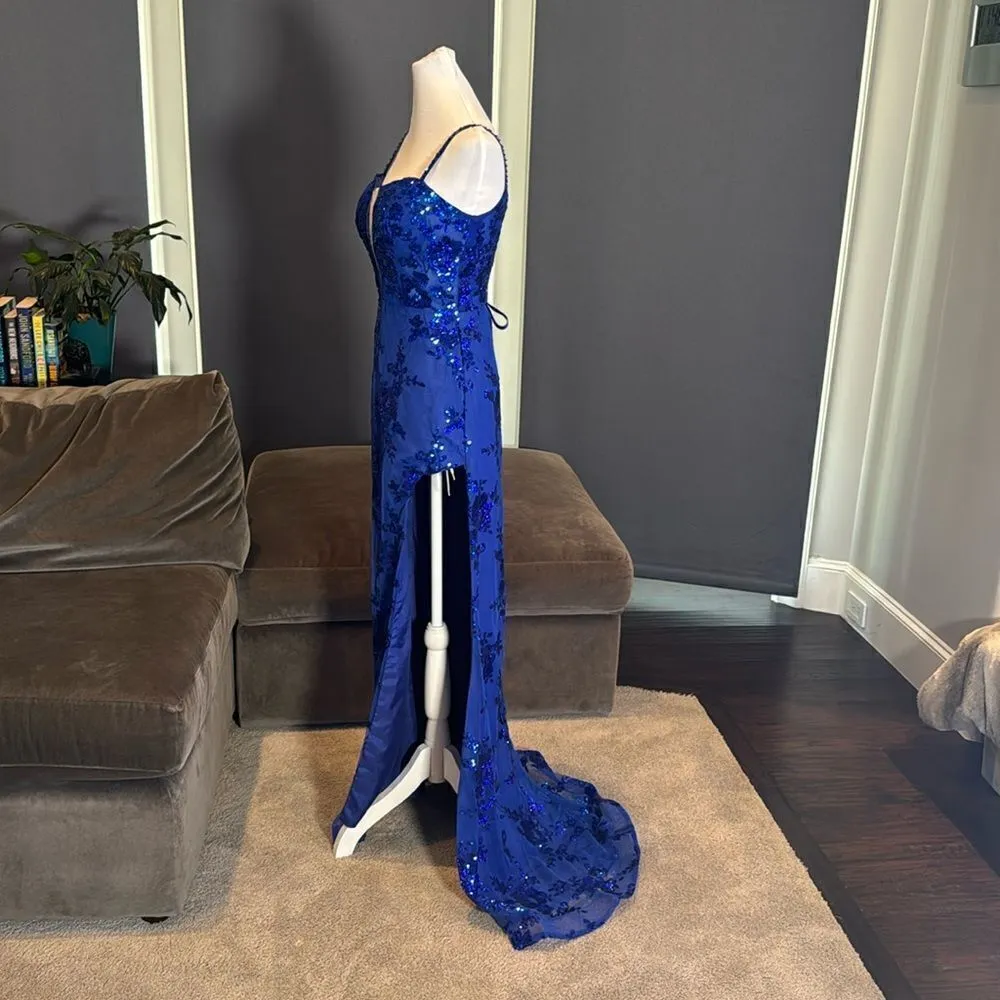 Women’s Blue Sparkly Mermaid Fit Prom Party Dress CrissCross Straps Size 10 NWT - Image 3