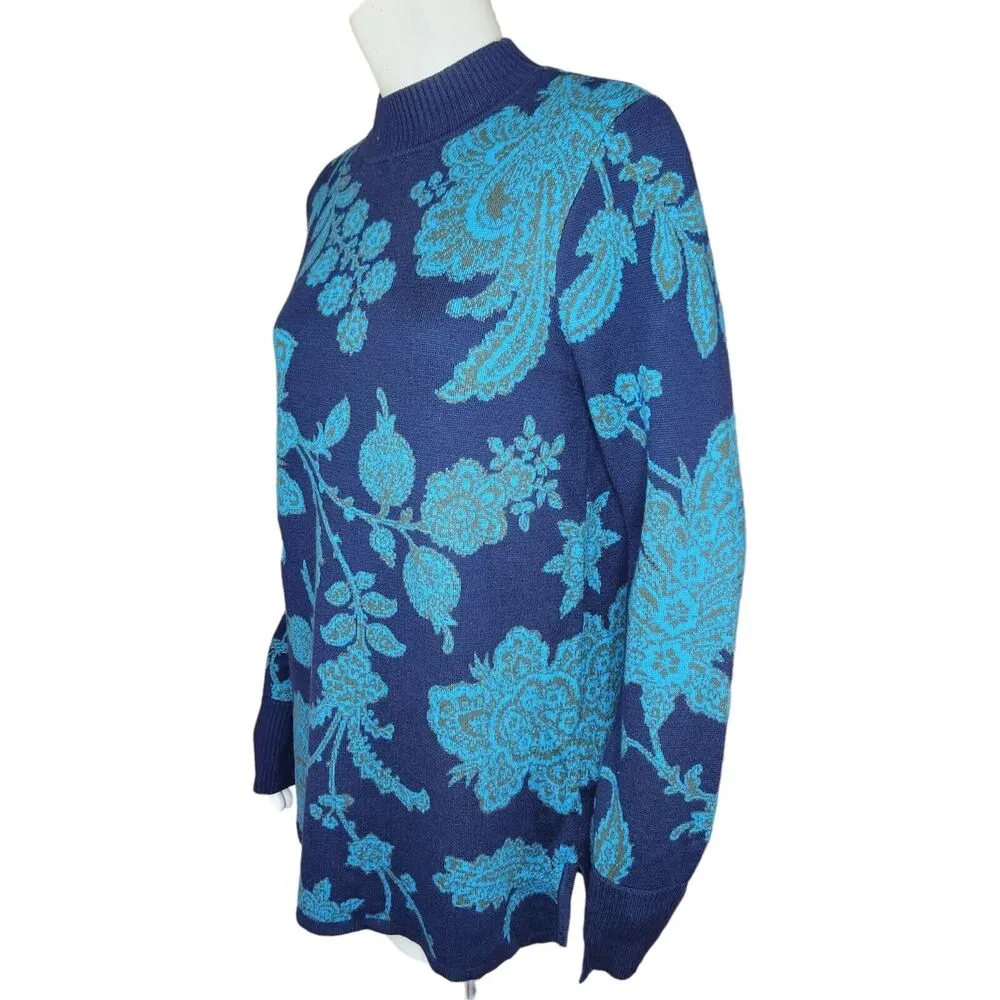 Isaac Mizrahi Live! Jacquad Mock Neck Pullover Sweater Navy Paisley Small NWOT Blue - Image 4