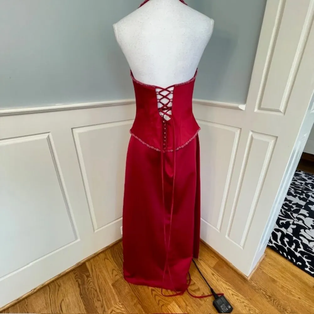 Y2K Vintage Formal Prom Princess Lace Up Corset Dress Red Satin Medium - Image 8