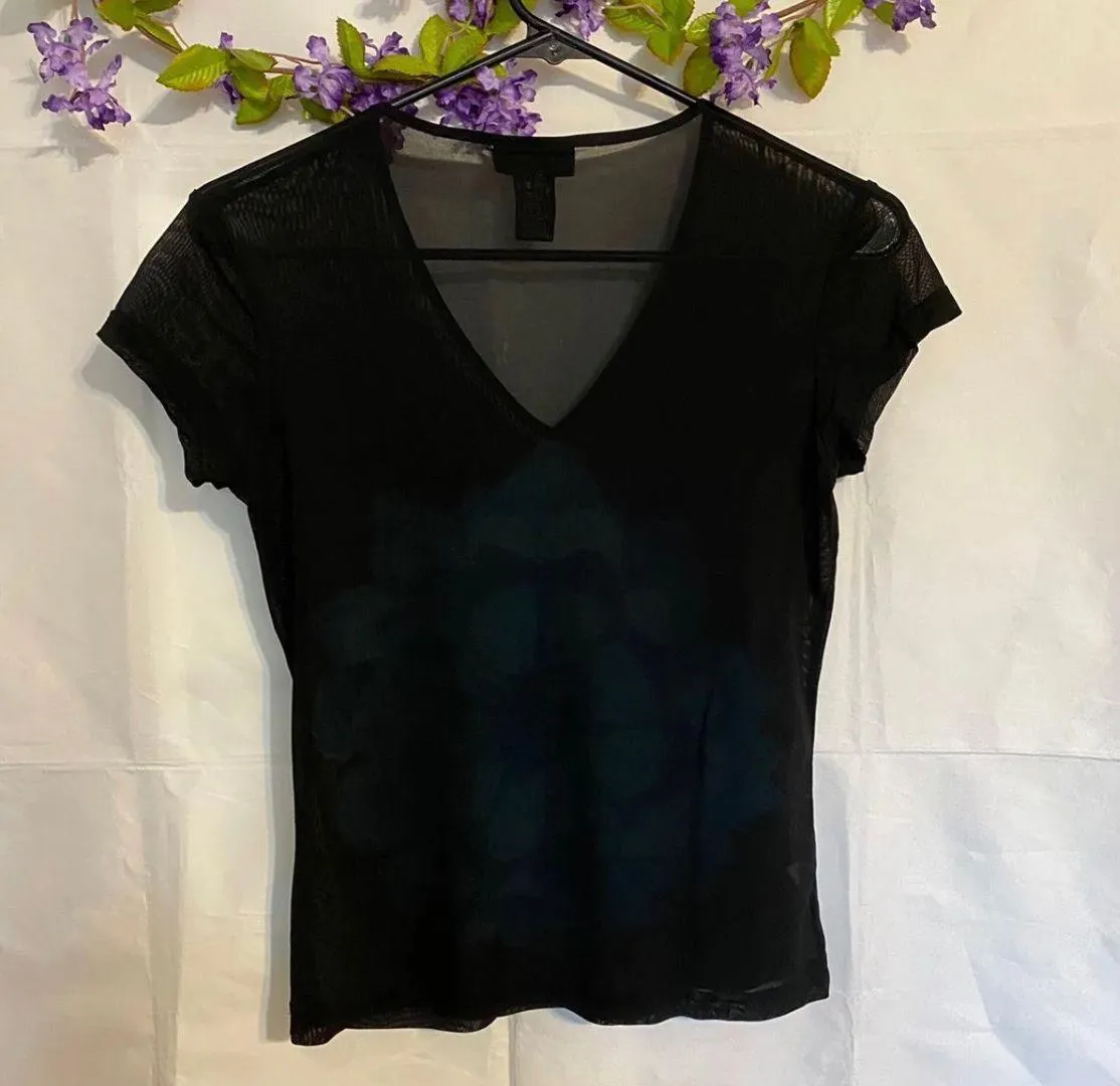Blue sequined SUCCULENT LOTUS black sheer Fitted V-Neck T-Shirt - Image 2