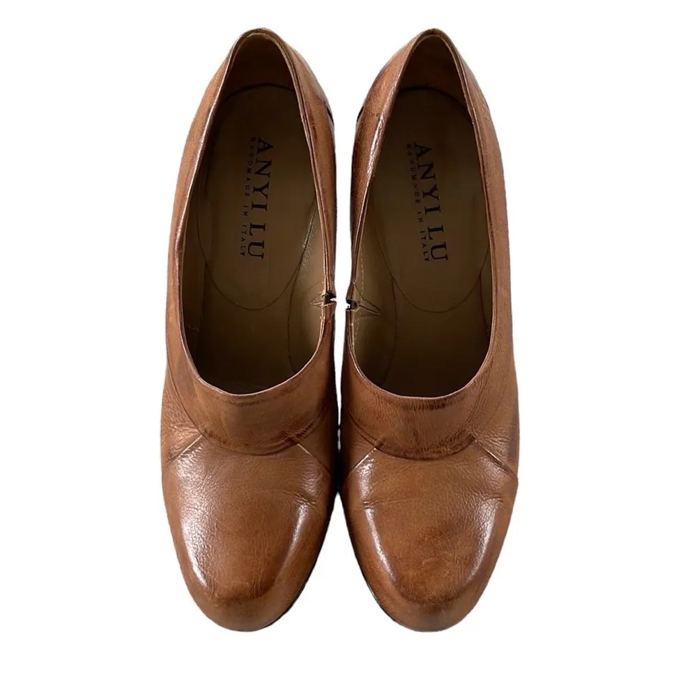 ANYI LU Cognac Brown Leather Heeled Pumps Size 37.5 Handmade in Italy - Image 9