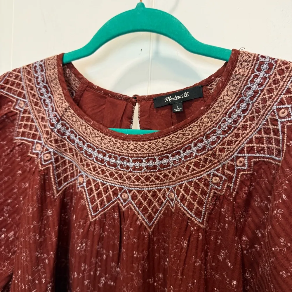 Madewell Embroidered Puff-Sleeve Babydoll Cotton Dress Rusted Burgundy Small - Image 6