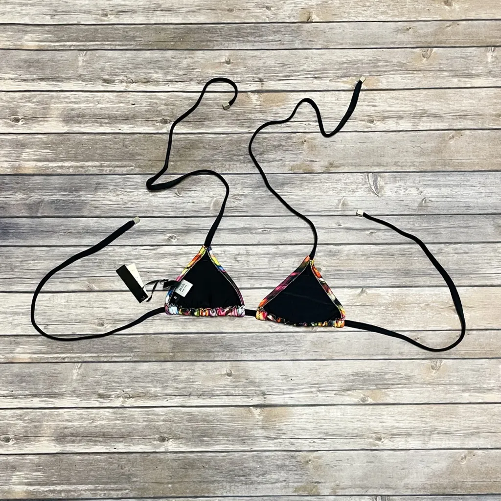 Ola Vida Blurred Geometric Plaid Sliding Triangle Halter Bikini Top NWT Small Black - Image 5