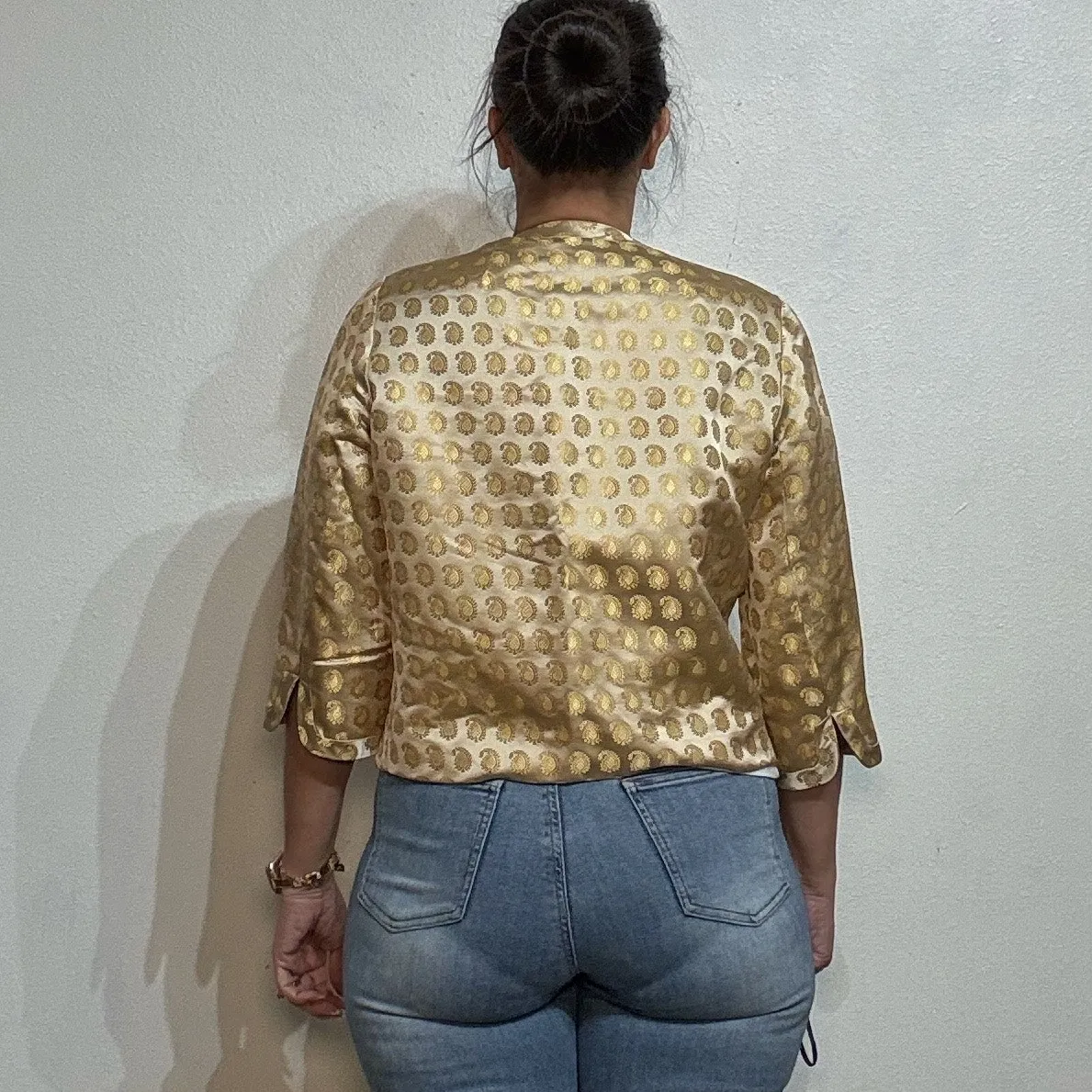 Dynasty Gold Silk Cheongsam Vintage Jacket Sz 12 - Image 9