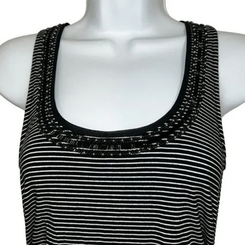 WHITE HOUSE‎ BLACK MARKET Black and White Striped Beaded Ruched Top EUC XS - Image 3