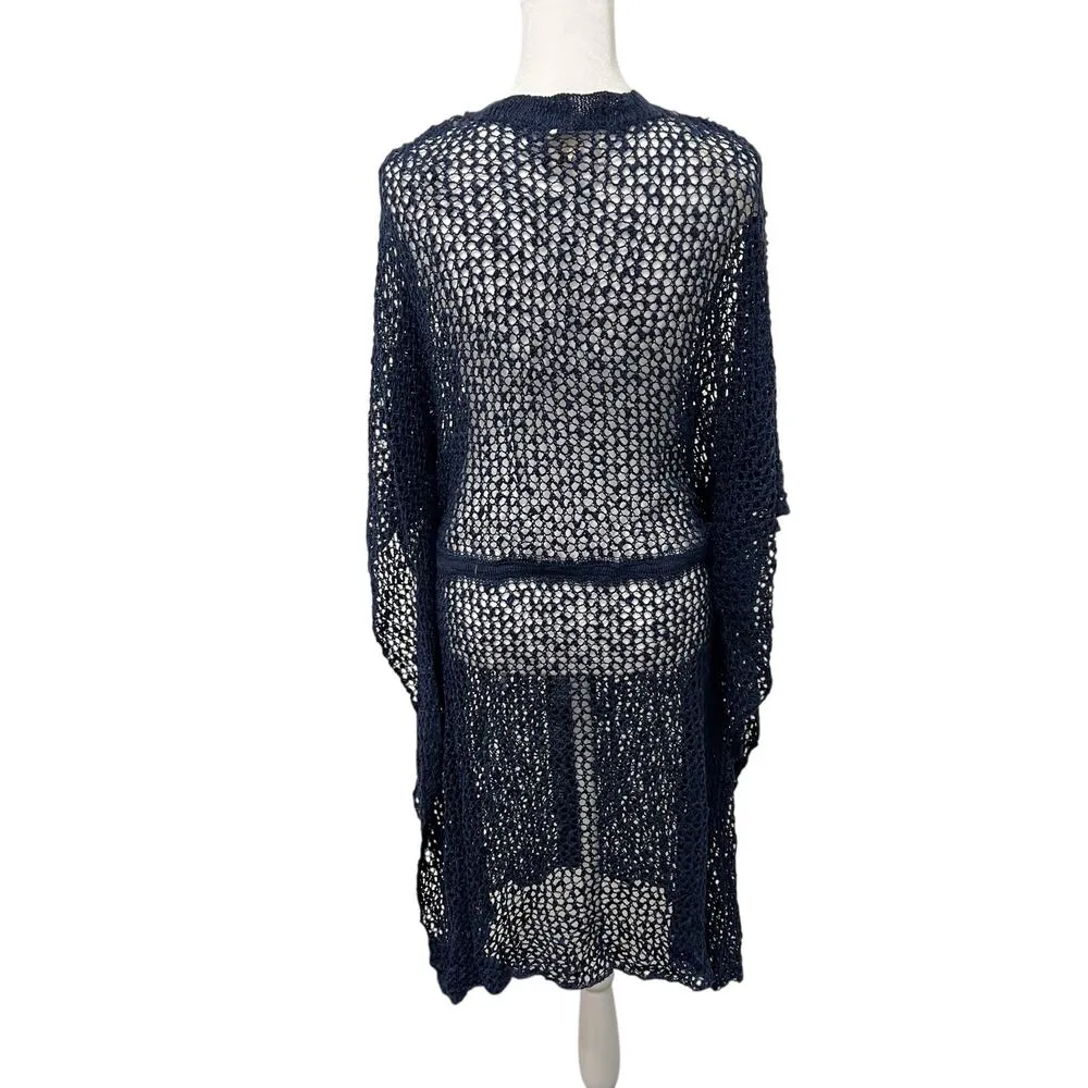 POL Duster Cardigan Cover Up Navy Blue Crochet Tie Waist Boho Indie Coastal Sz S - Image 6