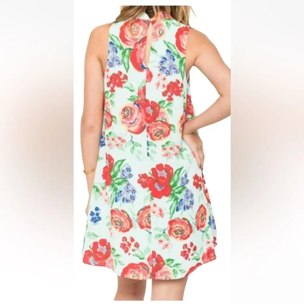 EVERLY Floral Mini Dress Women Small Halter Shift sleeveless rosette babydoll - Image 3