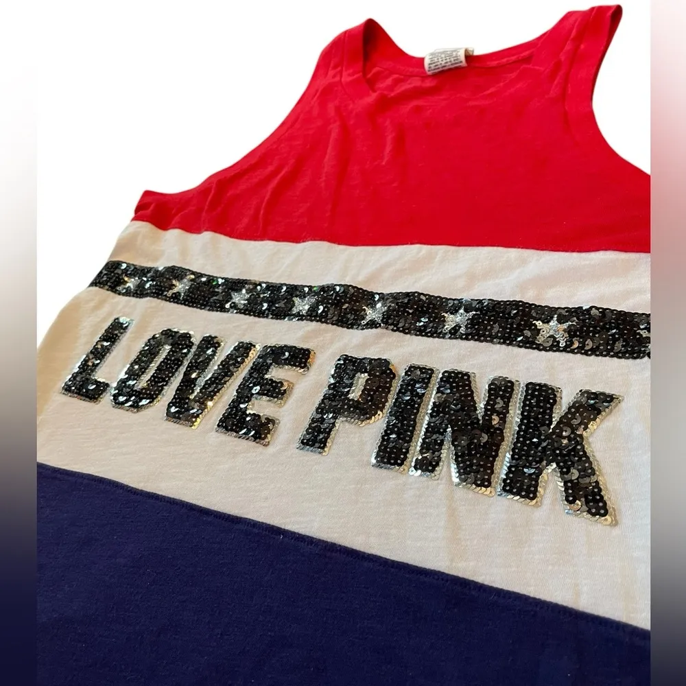 PINK Victoria’s Secret Red White Blue Preppy Patriotic Americana Sequin Tank Top - Image 2