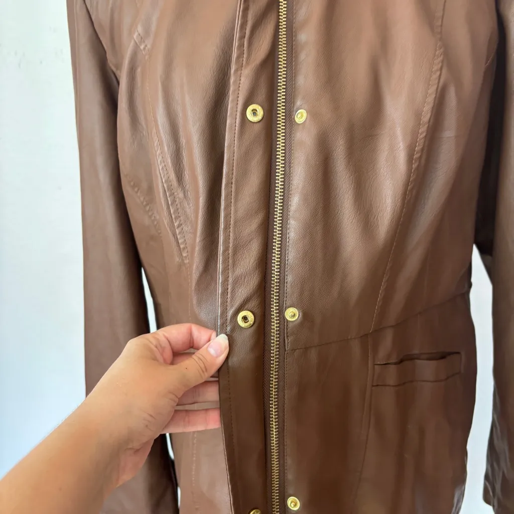 Baccini Brown Faux Leather + Fur Trim Coat - Image 2