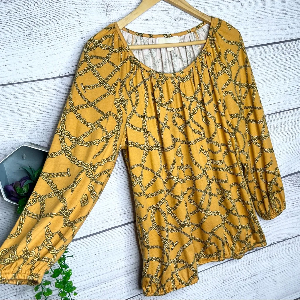 Michael Kors Mustard MK Logo Chain Print Blouse Top Size Medium - Image 3