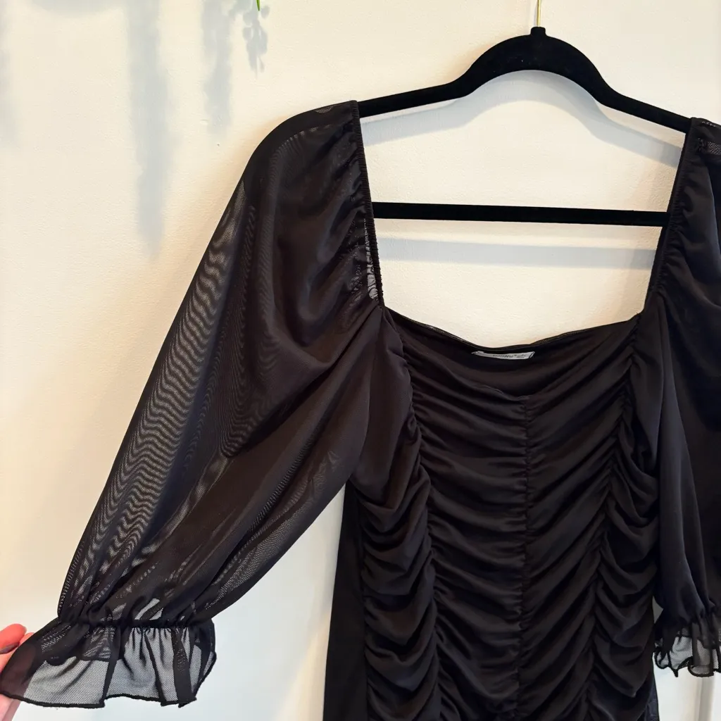 Timing Brand Women's Elegant Black Ruched Mess Mini Dress Mesh Sleeves Size L - Image 4