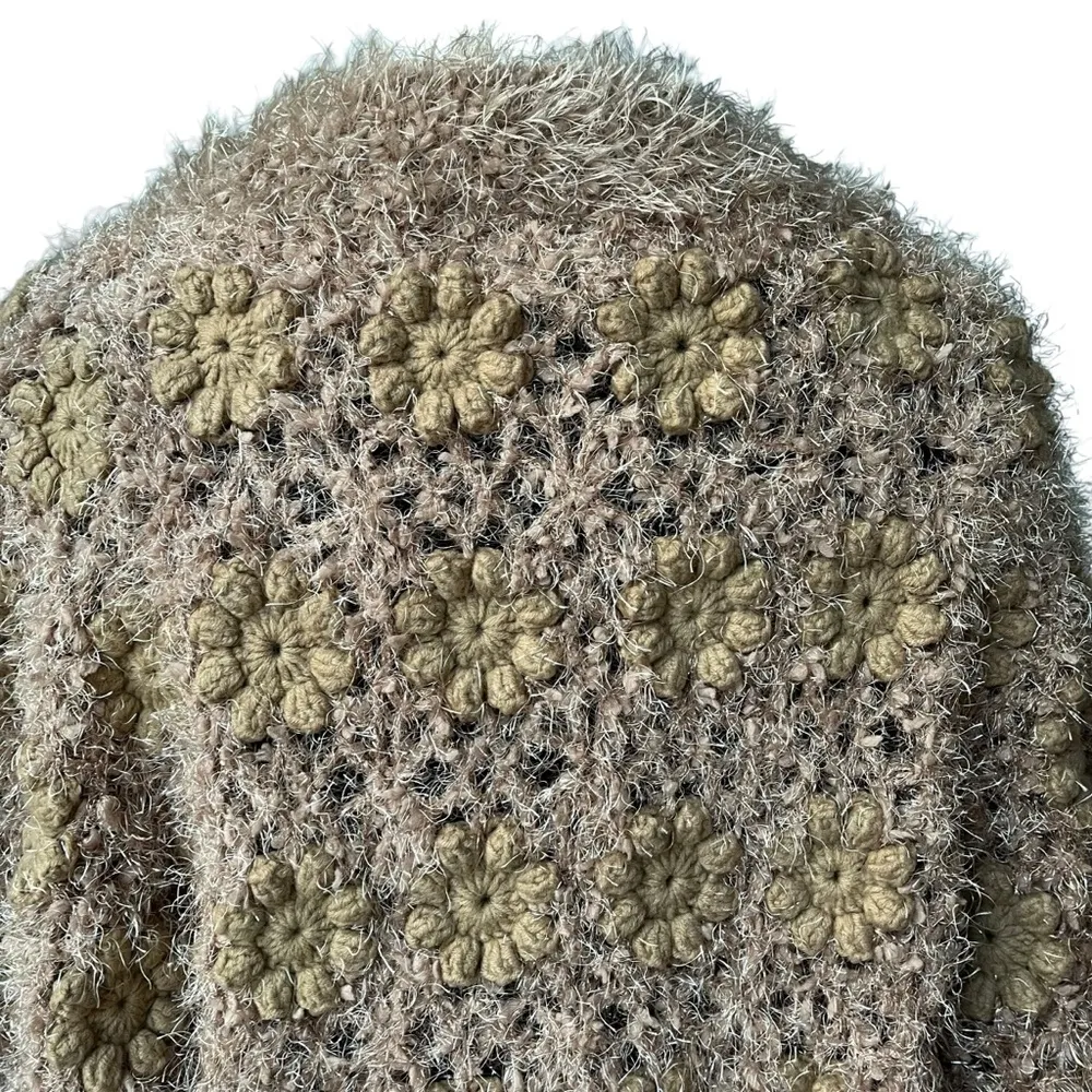 Talk Of The Walk Chunky Knit Crochet Inset Open Front Sweater Cardigan, Sz M Gold Size M - Image 12