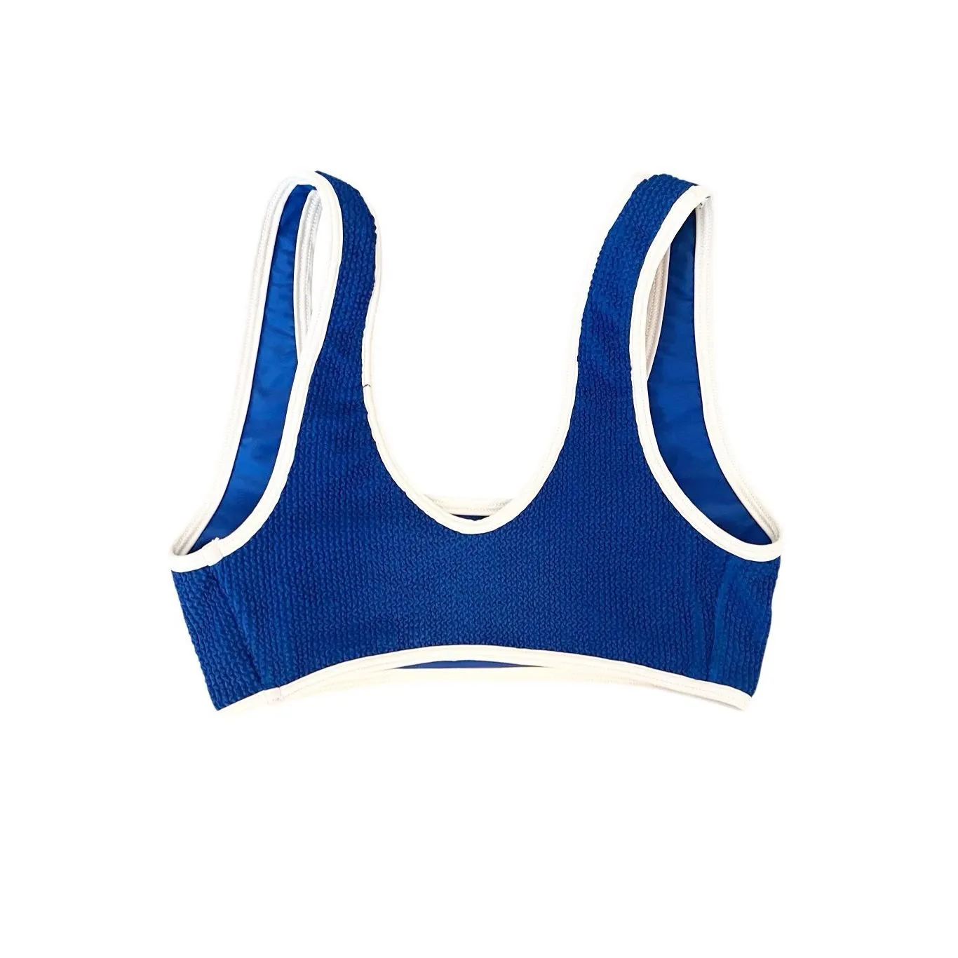 Beach Babe Blue Ribbed White Trim Swim Suit Top Size Small‎ - Image 2