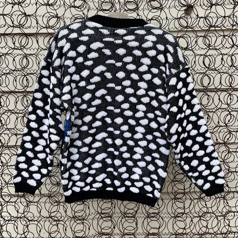 Vint. Cats Dogs Bears polka dot dalmatian metallic knit sweater black blue LARGE - Image 2