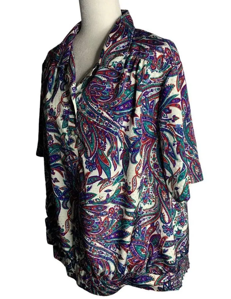 Vintage Paisley Pullover Top XL White Buttons Collar Elastic Waist Short Sleeves - Image 3