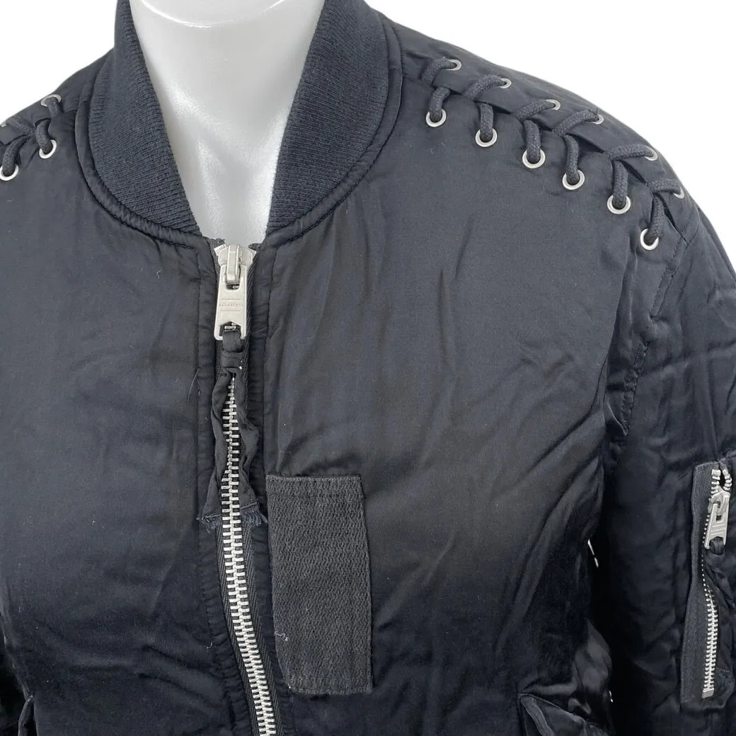 AllSaints Bree Women's Black Laced Up Full Zip Long Sleeve Bomber Coat Jacket M Size M - Image 4