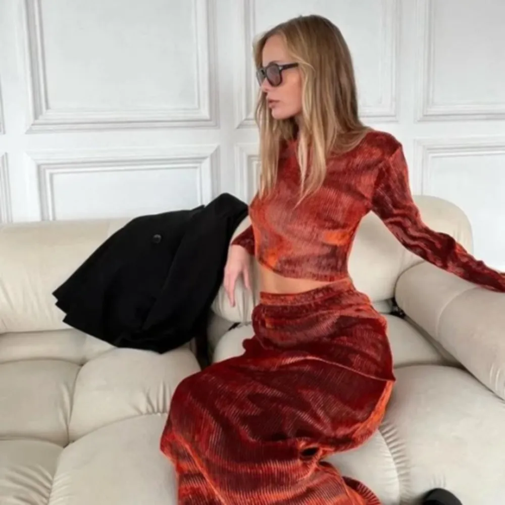 Ronny Kobo Jay Orange Velvet Striped Pull On Midi Skirt Size Medium - Image 6