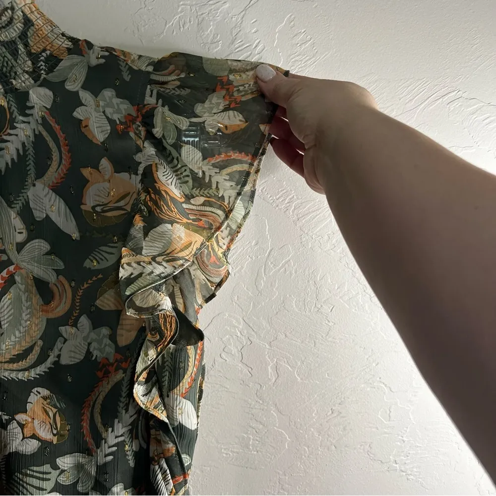 Joie Green Paisley Floral Flutter Sleeve Smock Neck Blouse‎ - Image 3