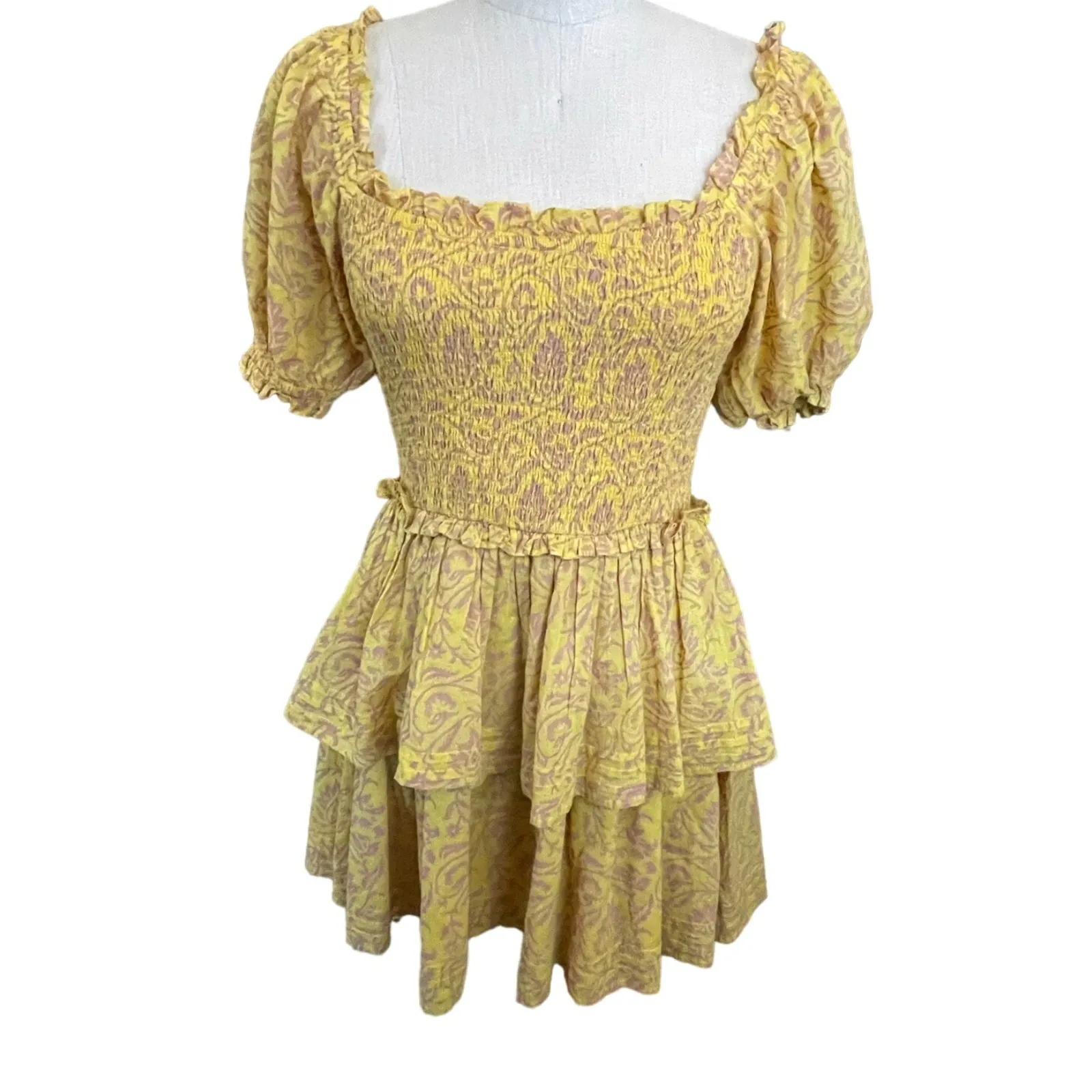 Cleobella Luna Mini Tiered Skirt Dress in Camellia Yellow Size Small - Image 3