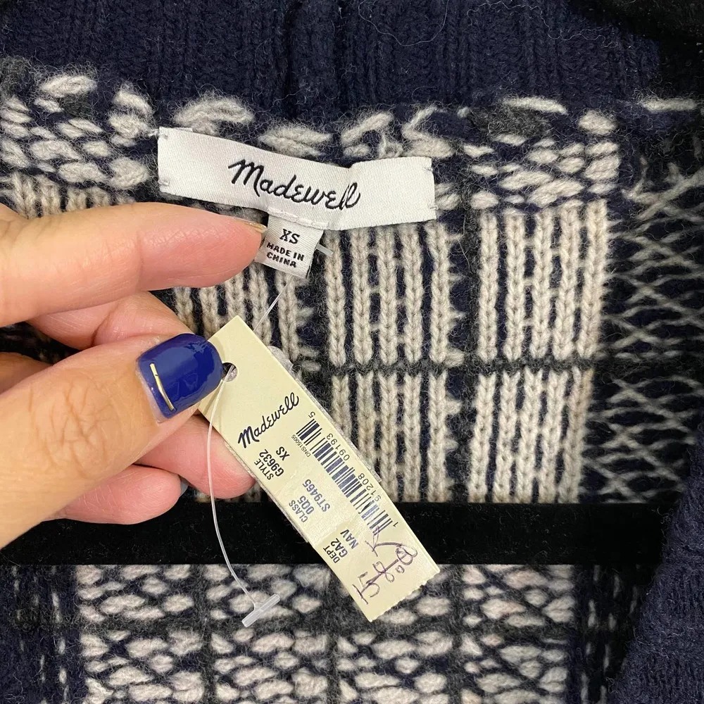 Madewell Women's Navy Plaid Fringe Wool Cardigan Sweater Sz XS NWT - Image 7